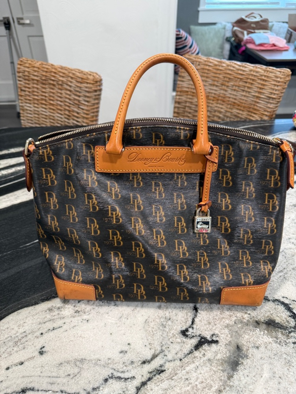 Dooney & Bourke Brown Monogram Satchel with Tan Trim